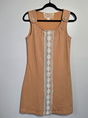 Nick & Mo Mustard Orange Knit Crochet Lace Trim Button Pinafore Dress 70s Small